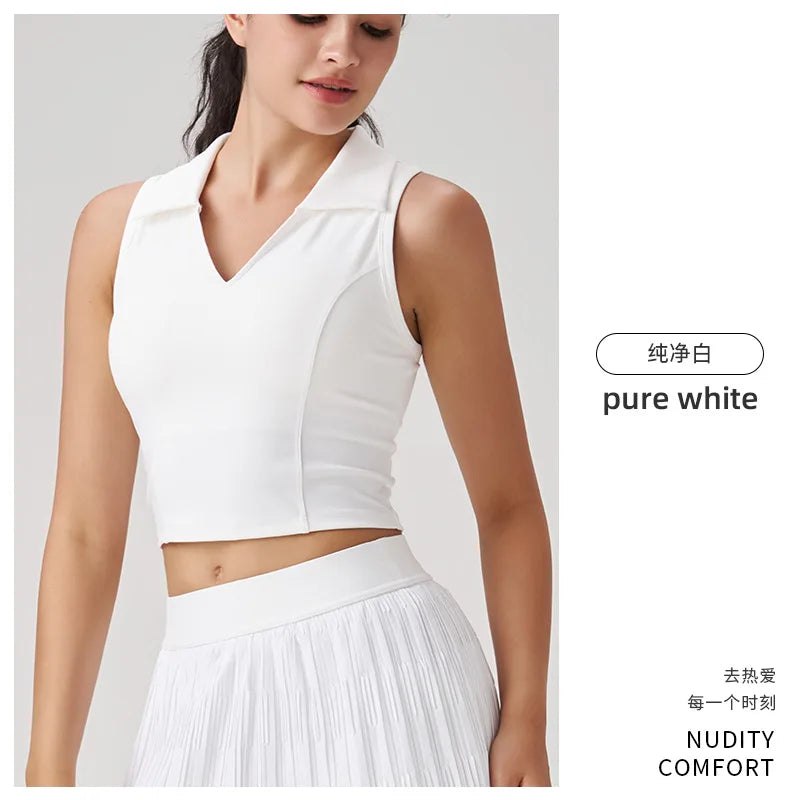 Outdoor Fitness Tennis Outfit Polo Shirt Sleeveless Collared Yoga Vest Breathable Nylon Spandex Slim Fit Youth Women's Top