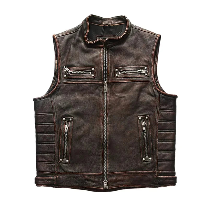 Red Brown Spring Leather Vest Men Retro Style Plus Size 4XL Genuine Natural Cowhide Stand Collar Motorcycle Sports Rivets Vest