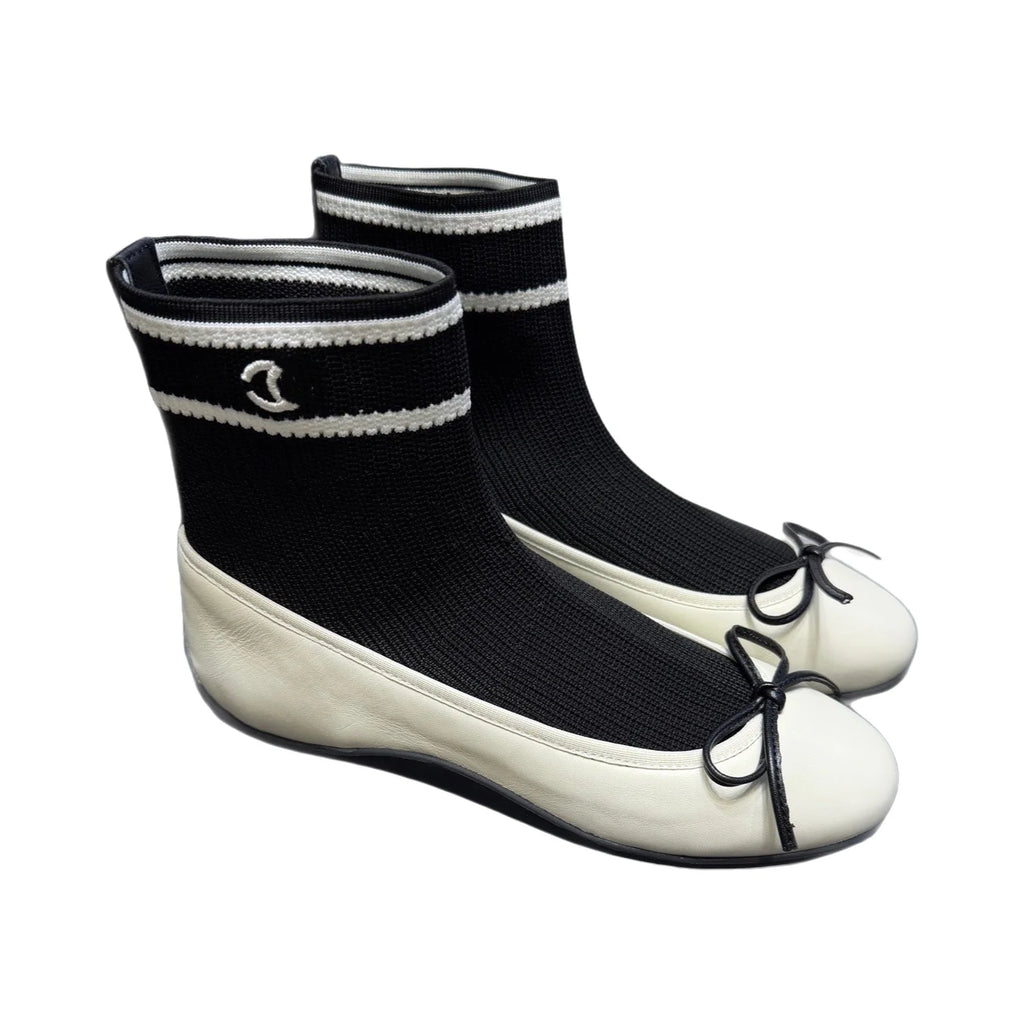 Elegant Mary Jane Shoes Women's Casual Butterfly Knot Elastic Slim Boots French Ballet Style Splicing Breathable Waterproof