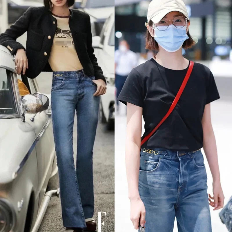 Elegant High-Waisted Slimming Jeans Trendy European And American Style Yellow Flower Cotton Chain Washing Denim Pants
