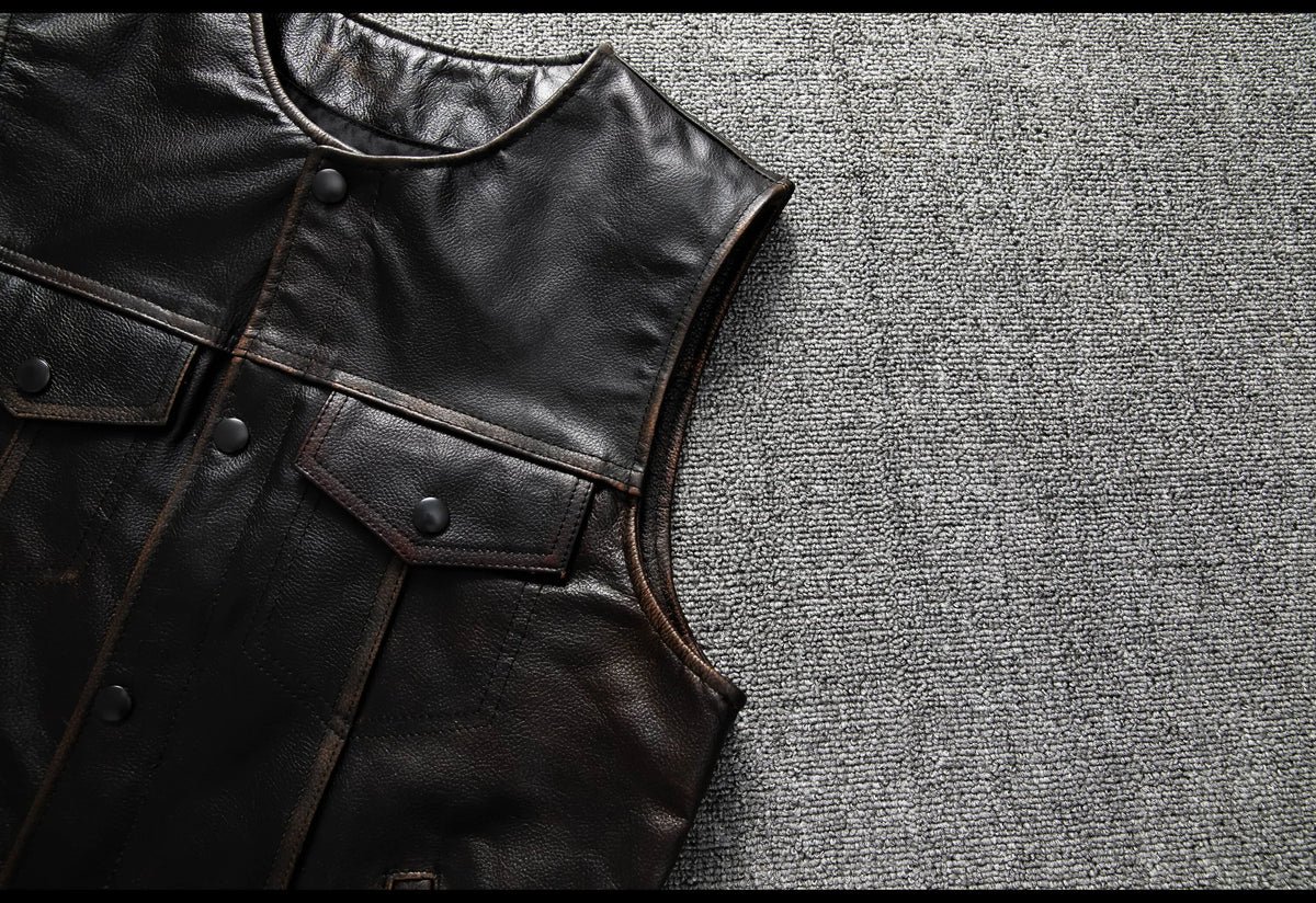 Red Brown Spring Leather Vest Men Retro Style Plus Size 6XL Genuine Natural Cowhide O-Neck Collar Slim Fit Short Sleeveless Coat