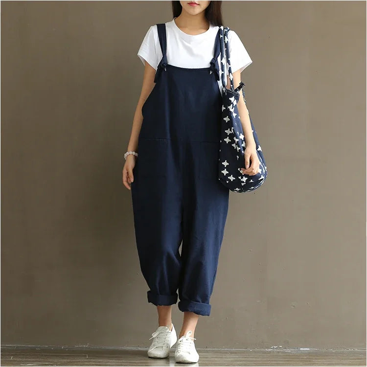 Artistic Vintage Deep Blues Cotton Strap Casual Trousers Women's 1701 European American Style