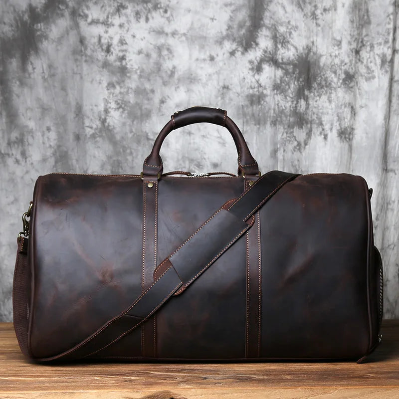NZPJ Retro Crazy Horse Leather Men's Large-Capacity Travel Bag Leather Luggage Bag Top Layer Cowhide Handbag Shoulder Bag