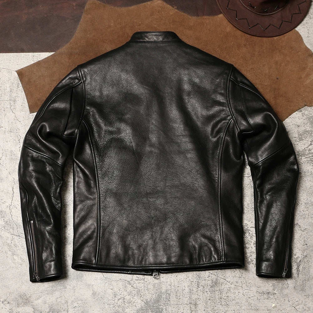 Black Winter Leather Jacket Men Sports Style Plus Size 4XL Genuine Natural Thick Cowhide Stand Collar Slim Fit Leather Coat