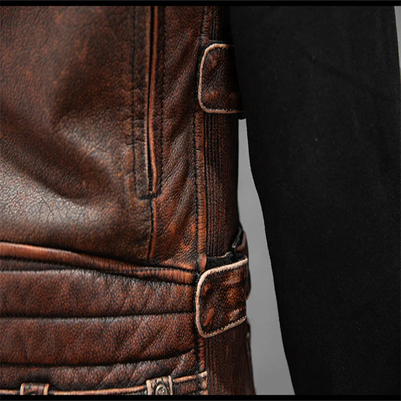 Men Red Brown Leather Biker Vest Vintage Distressed Asymmetrical Zip Sleeveless Jacket Punk Rock Studded Multi-Pocket Waistcoat