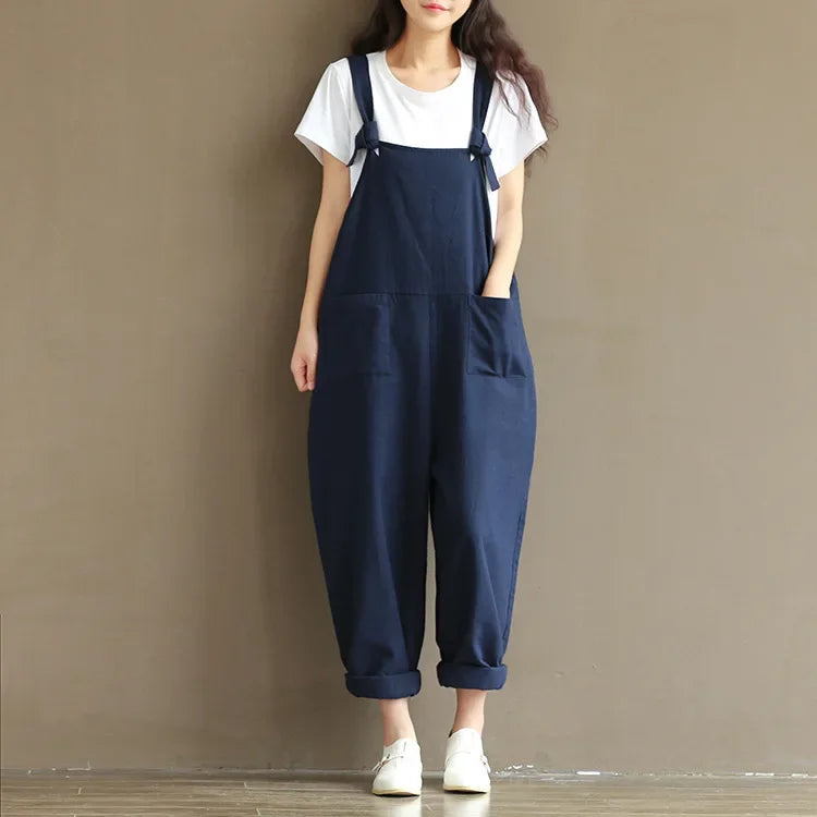 Artistic Vintage Deep Blues Cotton Strap Casual Trousers Women's 1701 European American Style