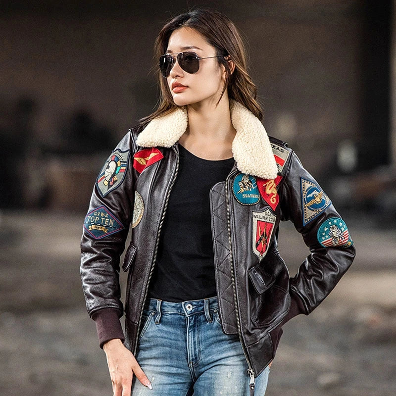 Women Winter Leather Jacket Military Style Genuine Natural Thick Cowhide Wool Turn-Down Collar Dark Brown G1 Flight Coat