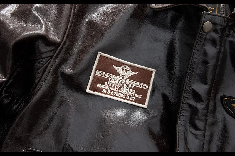 Men's Genuine Leather Military Flight Jacket | Real Leather Embroidered Patches G-1 Bomber Pilot High-Gloss Oil-Wax Brown