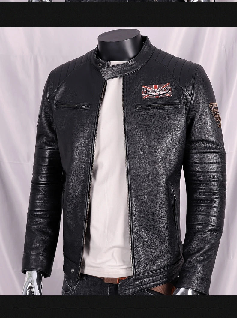 Black Autumn Leather Jacket Men Sports Style Plus Size 5XL Genuine Natural Cowhide Stand Collar Slim Fit Short Coat