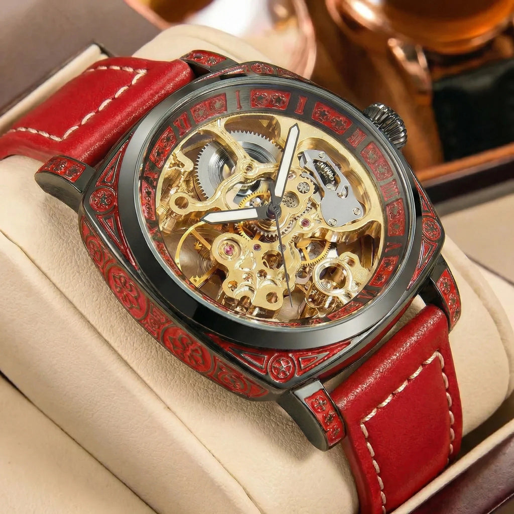 New Men's Watch with Gold Green Belt, Retro Style, Noble and Elegant Night Light Carving, Fully Automatic Mechanical Watch