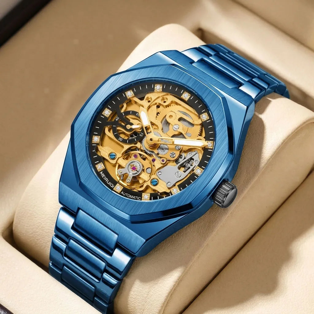 A men's yellow and black party style minimalist scale fully automatic hollow mechanical watch