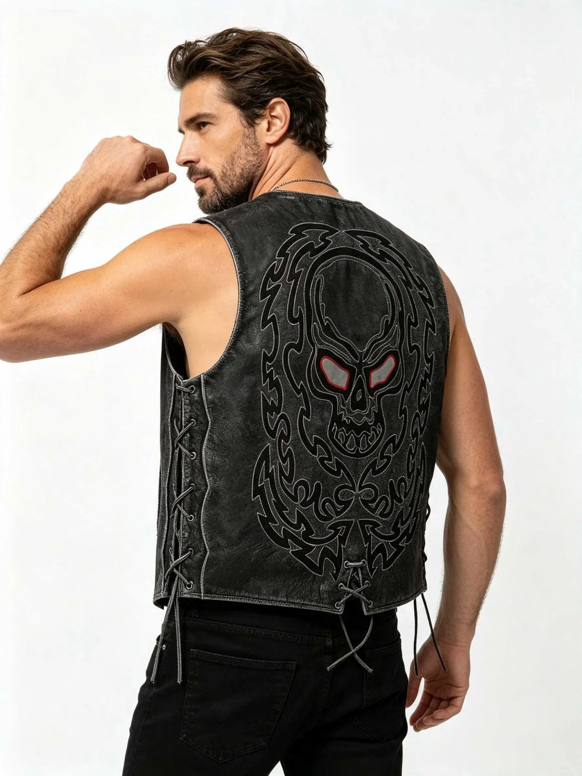 Black Spring Leather Vest Men Skull Embroidery Retro Style Plus Size 5XL Genuine Natural Cowhide Single Breasted Sleeveless Coat