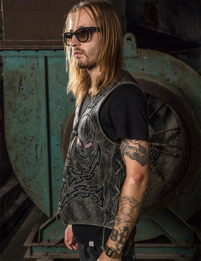 Black Spring Leather Vest Men Skull Embroidery Retro Style Plus Size 5XL Genuine Natural Cowhide Single Breasted Sleeveless Coat