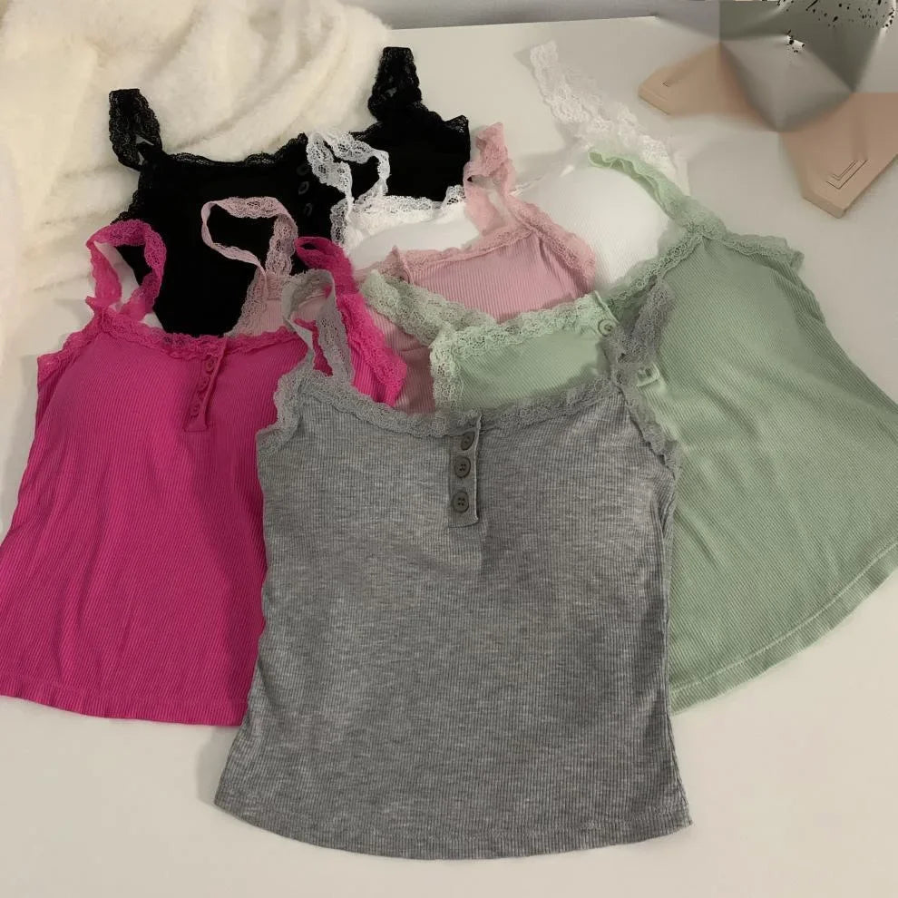 plus Size Lace Insert Camisole Tank Top with Chest Pad Inner Wear Outerwear Design Sense Bottoming Vest Big Size Women