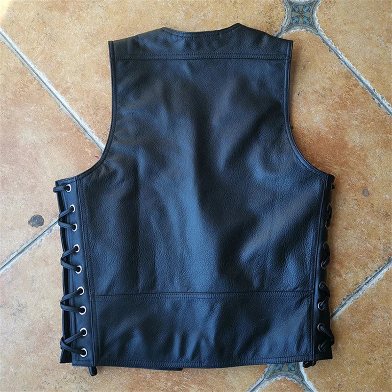Black Spring Leather Vest Men Sports Style Plus Size 4XL Genuine Natural Cowhide Single Breasted Short Vest