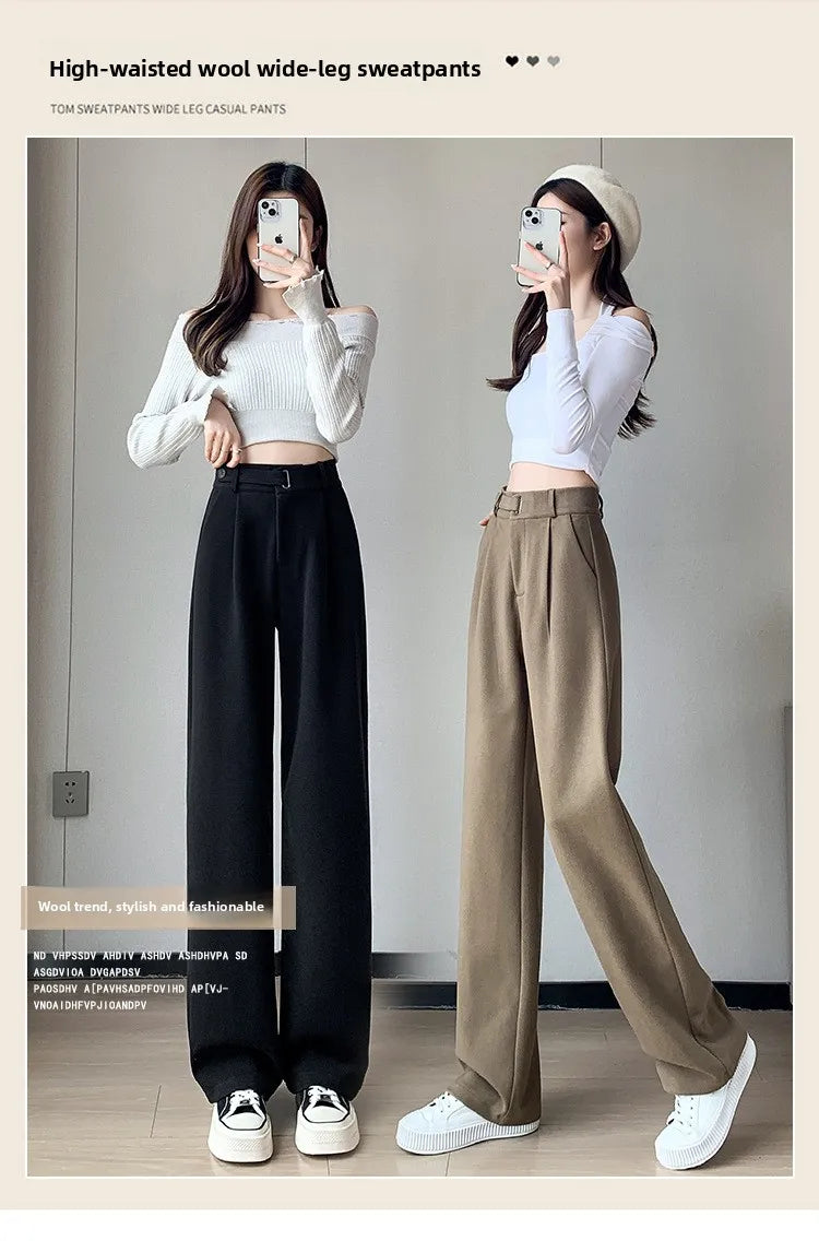 Thickened Fleece Lined Winter Wide Leg Pants High Waist Floor Length Straight Cut Casual Trousers for Women Woolen Suiting