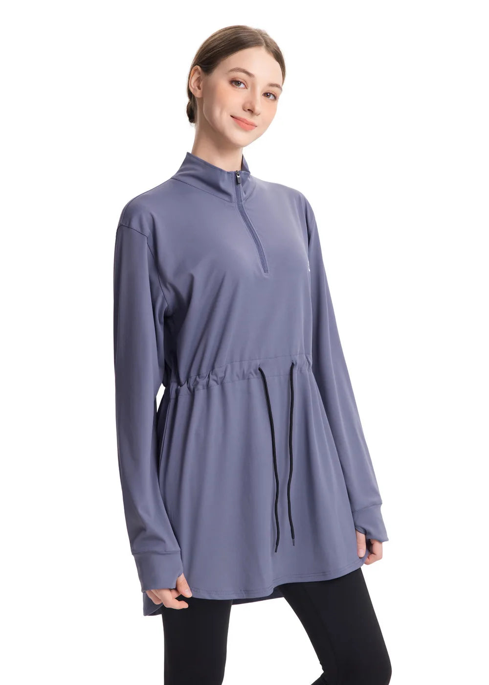 Conservative Long Sleeve Yoga Clothes Drawstring Waist Fitness Suit Multicolored plus Size Modest Tunic for Women Running Gym