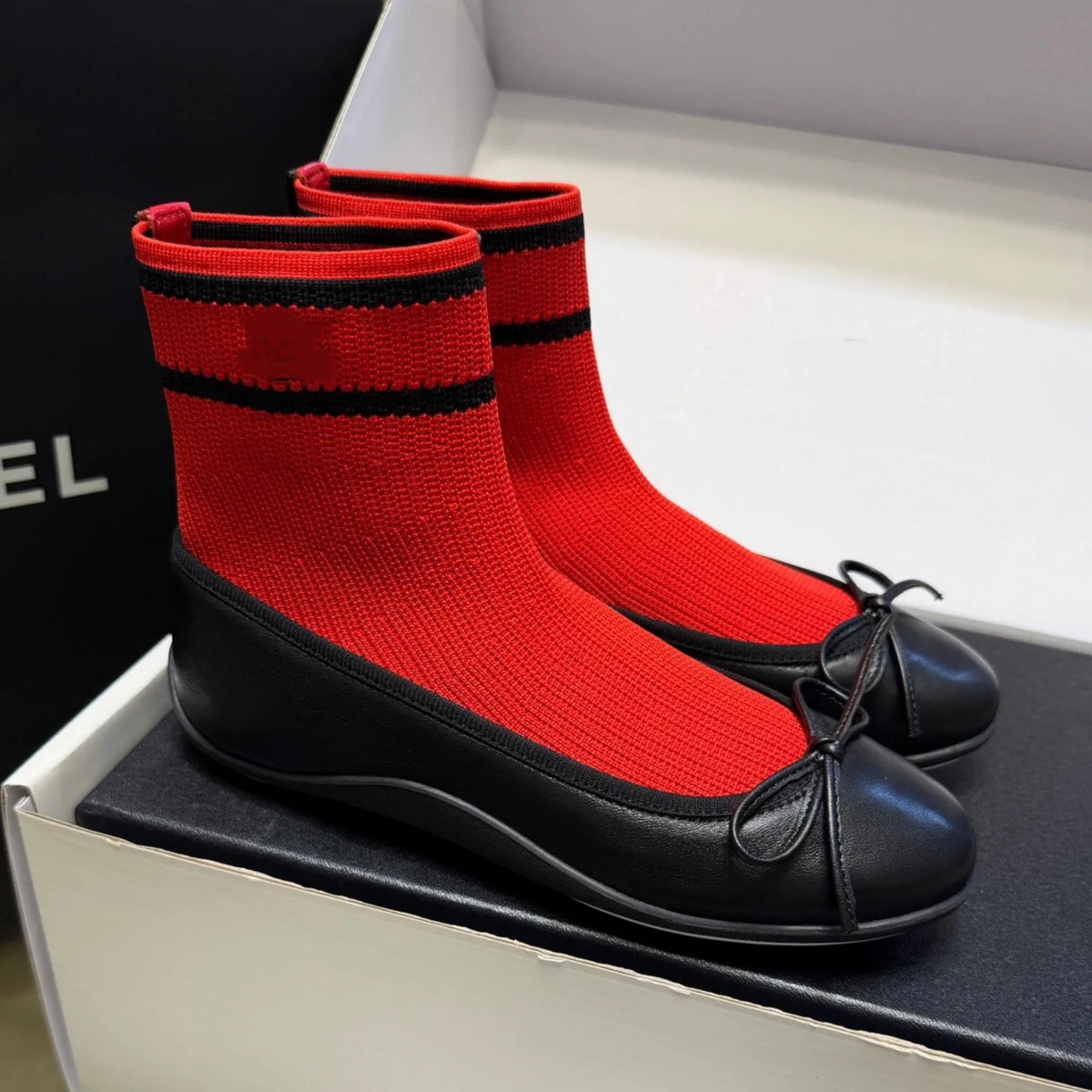 Elegant Mary Jane Shoes Women's Casual Butterfly Knot Elastic Slim Boots French Ballet Style Splicing Breathable Waterproof