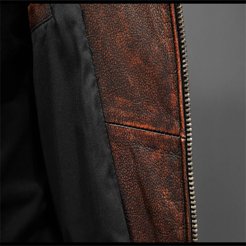 Men Red Brown Leather Biker Vest Vintage Distressed Asymmetrical Zip Sleeveless Jacket Punk Rock Studded Multi-Pocket Waistcoat