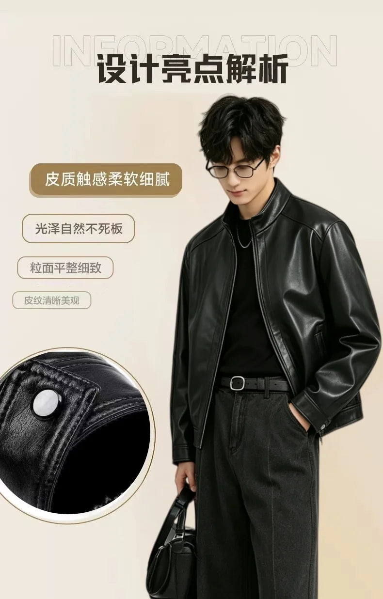 Men Spring Autumn Stand Collar Thin PU Leather Jackets Men Motorcycle Outer Coats Men Versatile Daily Casual Leather Jackets