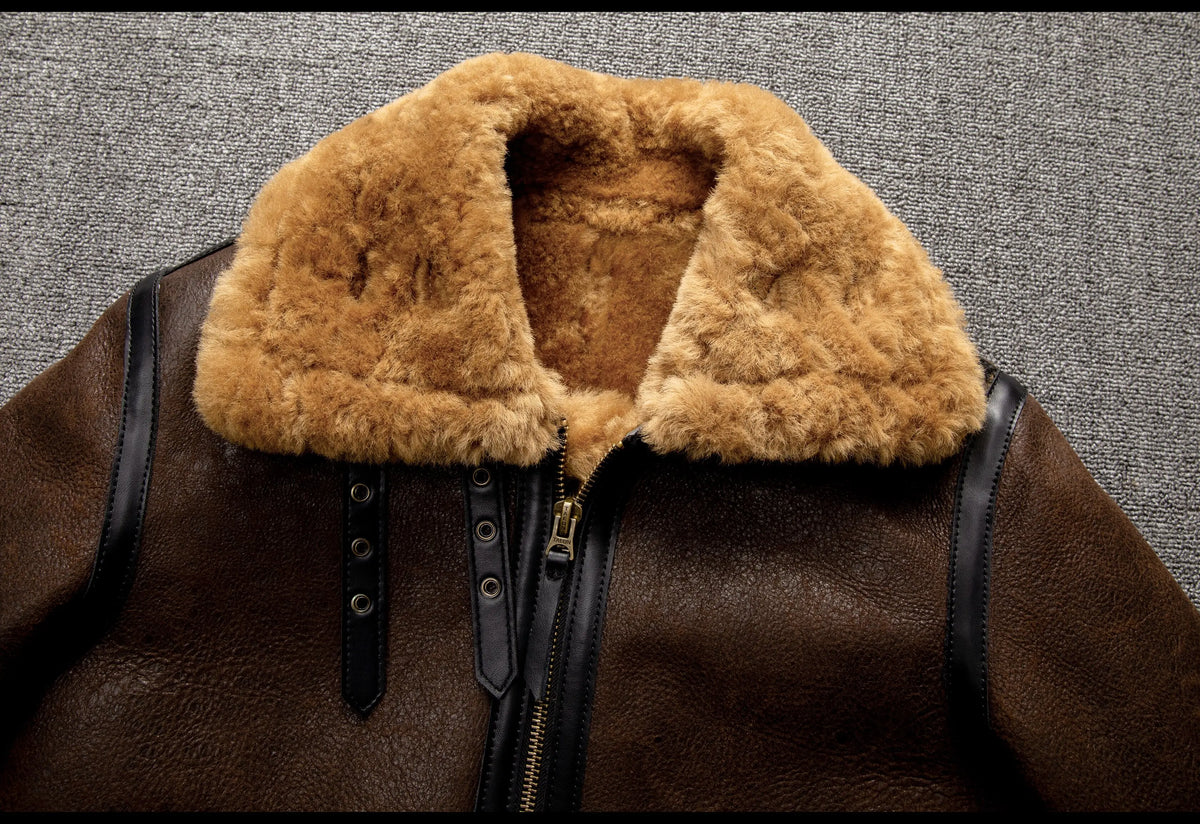 Brown Winter Shearling Jacket Men Retro Style Plus Size 5XL Genuine Natural Sheepskin Turn-Down Collar Thick Warm B3 Flight Coat