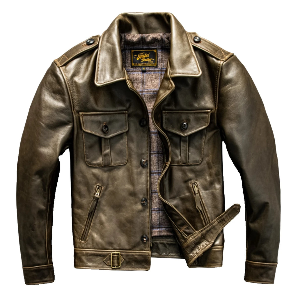 Light Green Autumn Leather Jacket Men Vintage Style Plus Size 4XL Genuine Natural Thick Cowhide Turn-Down Collar P37 Pilot Coat