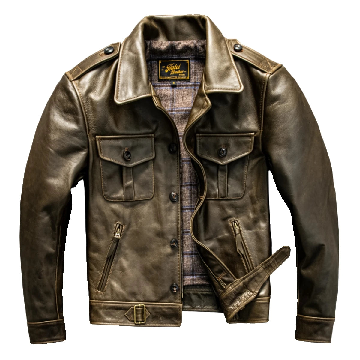 Light Green Autumn Leather Jacket Men Vintage Style Plus Size 4XL Genuine Natural Thick Cowhide Turn-Down Collar P37 Pilot Coat