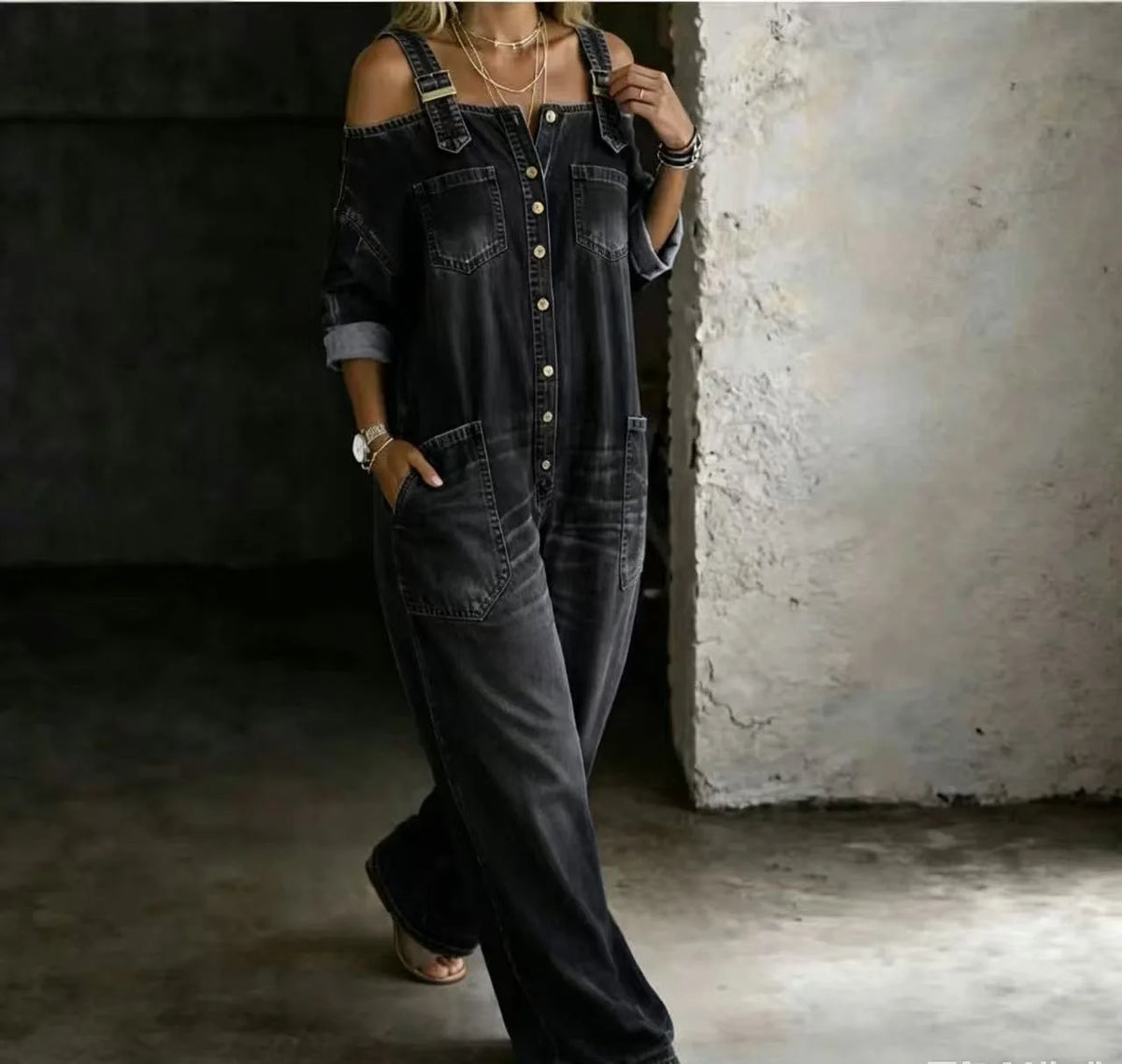 Sexy Fashion Shoulder Bared Denim Overalls with Pockets Wide Leg Street Style Loose Waist Cotton Blend Polyester Blend