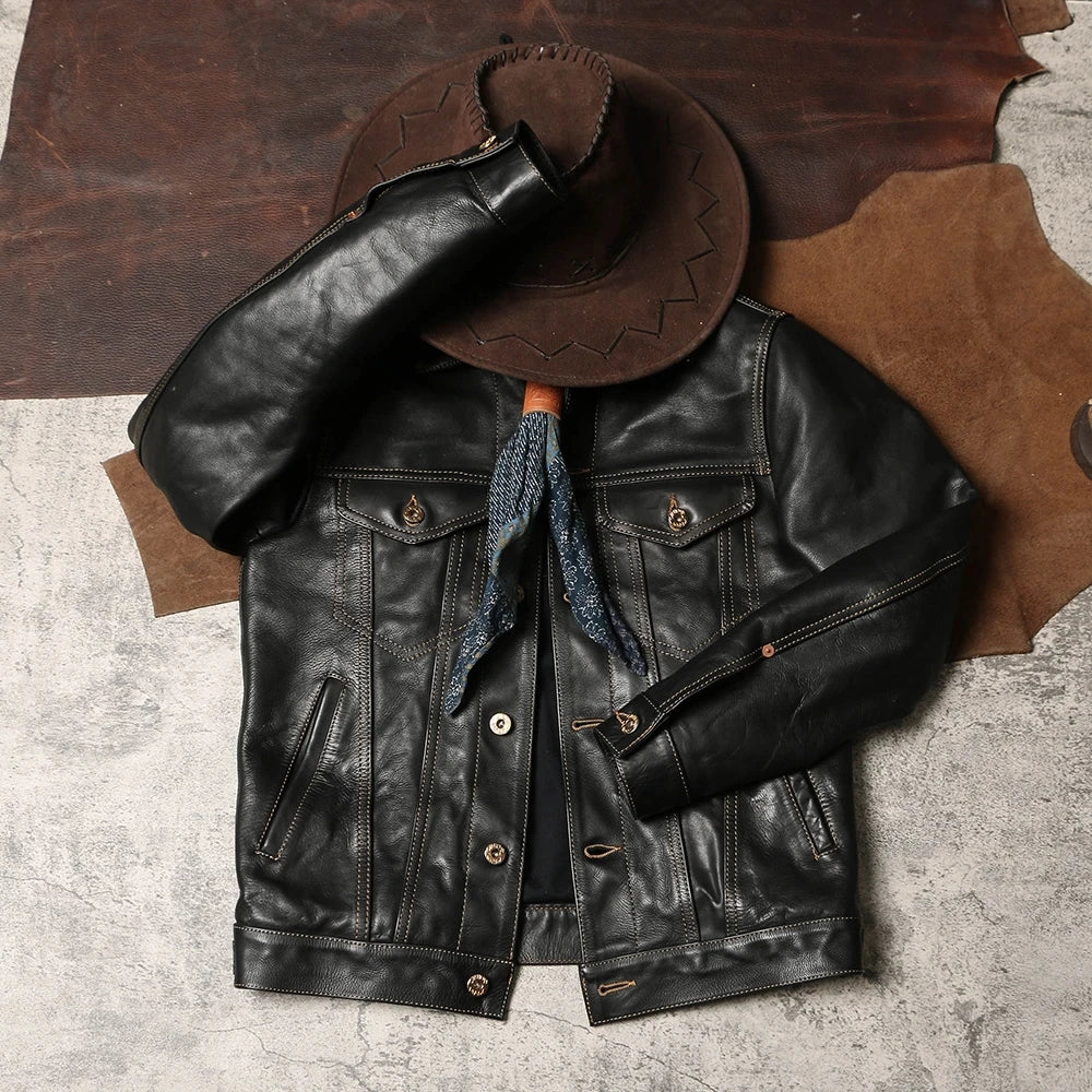 Black Autumn Leather Jacket Men Retro Style Plus Size 4XL Genuine Natural Thick Cowhide Single Breasted Casual Denim Coat