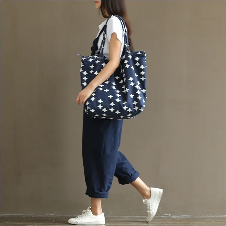 Artistic Vintage Deep Blues Cotton Strap Casual Trousers Women's 1701 European American Style
