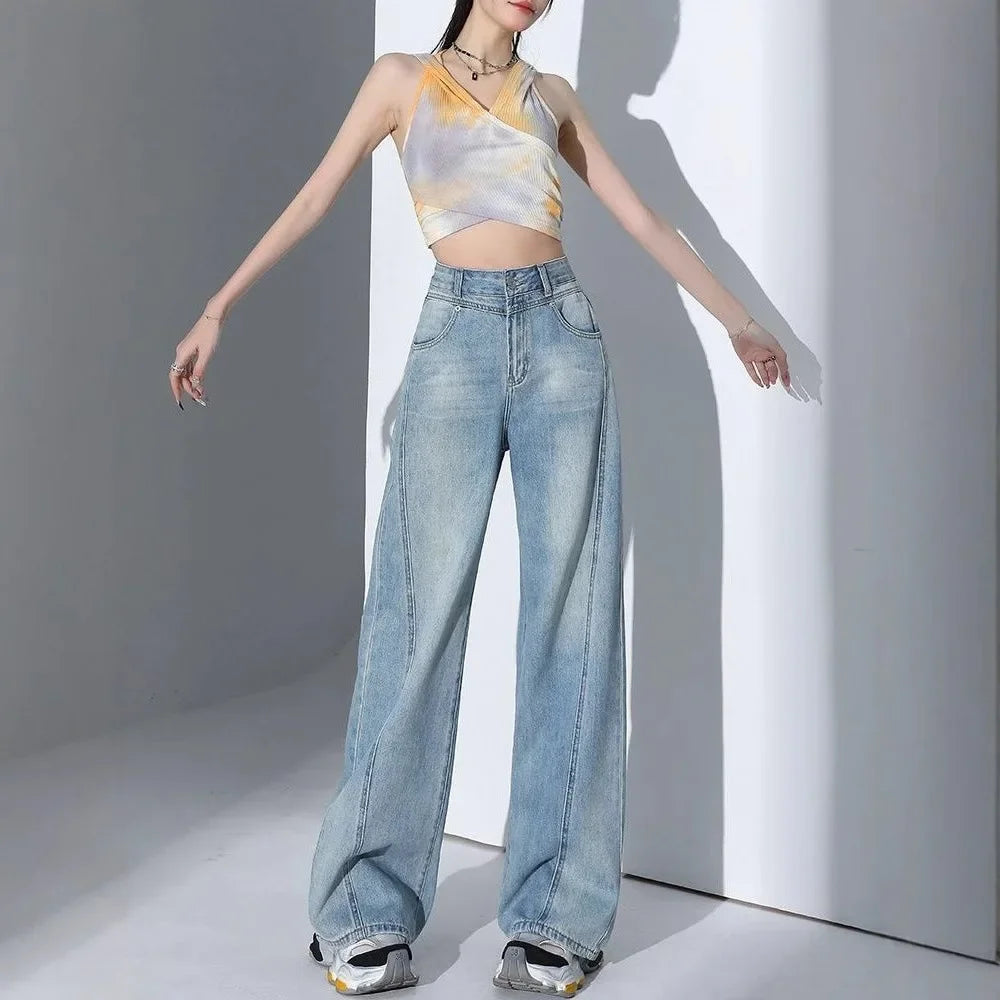 American Style High Waist Loose Women's Blue Jeans Retro Straight Leg Pants Drapey Floor-Length Trousers Versatile Wide Leg Pant