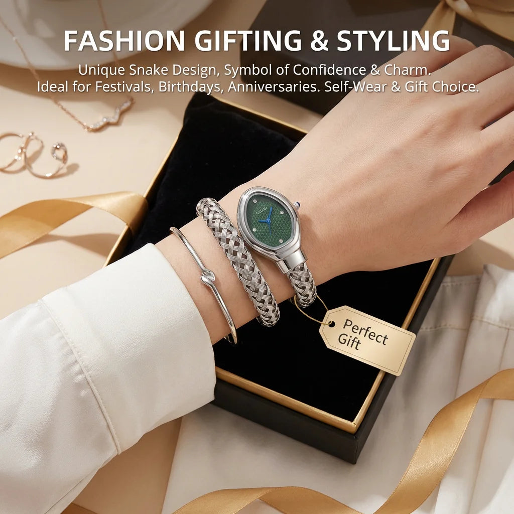 4pc Ladies Silver Woven Stainless Steel Elegant Rhinestone Green Dial Watch & Bracelet Gift Set for Daily Use, Gifting