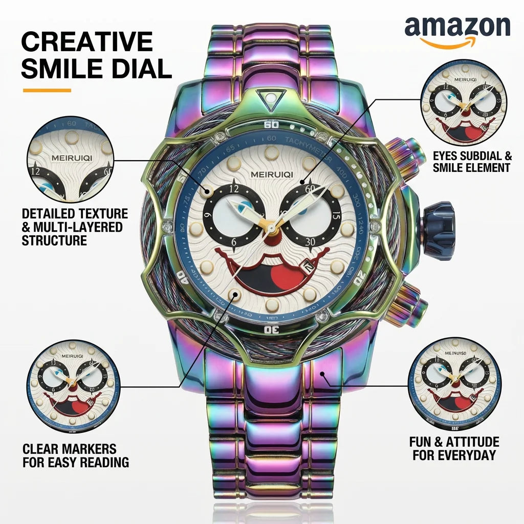 4pc Men's Iridescent Clown Face Metal Band Bold Crystal-studded Sunglasses Perfume Mechanical Watch Gift Box Set for Party