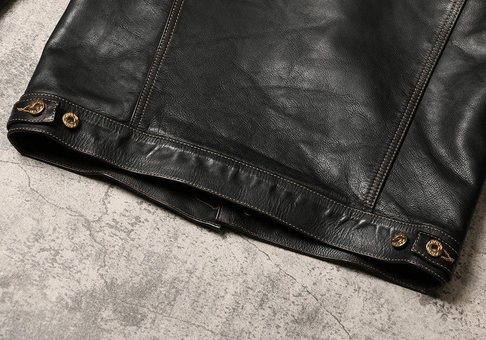 Black Autumn Leather Jacket Men Retro Style Plus Size 4XL Genuine Natural Thick Cowhide Single Breasted Casual Denim Coat