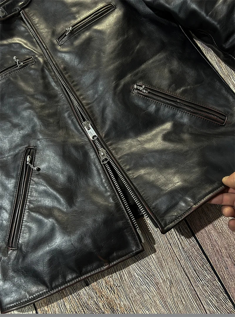 Black Winter Leather Jacket Men Vintage Style Plus Size 5XL Genuine Natural Cowhide Stand Collar Slim Fit Leather Coat