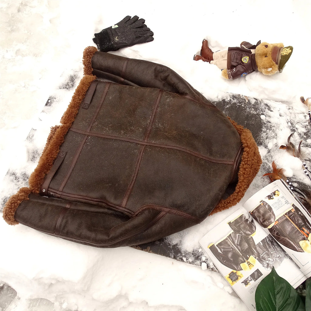 Dark Brown Winter Shearling Jacket Men Retro Vintage Style Plus Size 4XL Genuine Natural Sheepskin Bomber Military Flight Coat