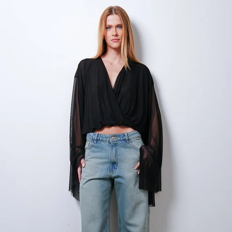 Elegant Pure Color V-Neck Mesh Splice Bell Sleeve Crop Top Women's Fashion Street Style Polyester Long Sleeve T-Shirt