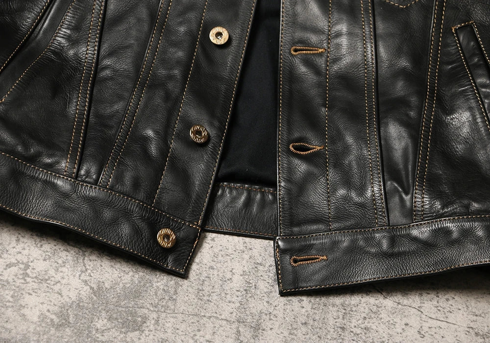 Black Autumn Leather Jacket Men Retro Style Plus Size 4XL Genuine Natural Thick Cowhide Single Breasted Casual Denim Coat
