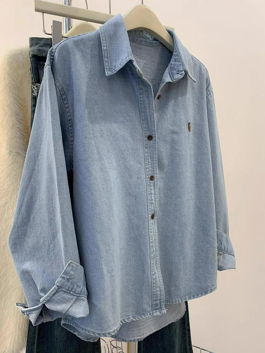 Retro Blue Shirt Women Early Spring Autumn Casual Long Sleeve Shoulder Bared Inner Wear Loose Outerwear Shirt Jacket