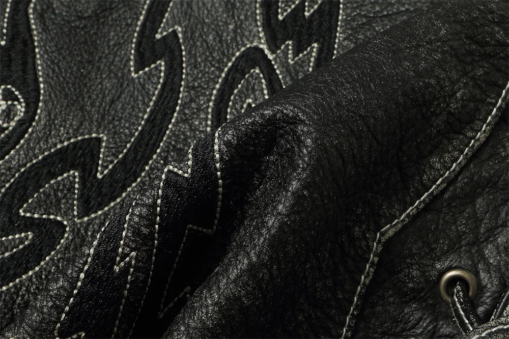 Black Spring Leather Vest Men Skull Embroidery Retro Style Plus Size 5XL Genuine Natural Cowhide Single Breasted Sleeveless Coat