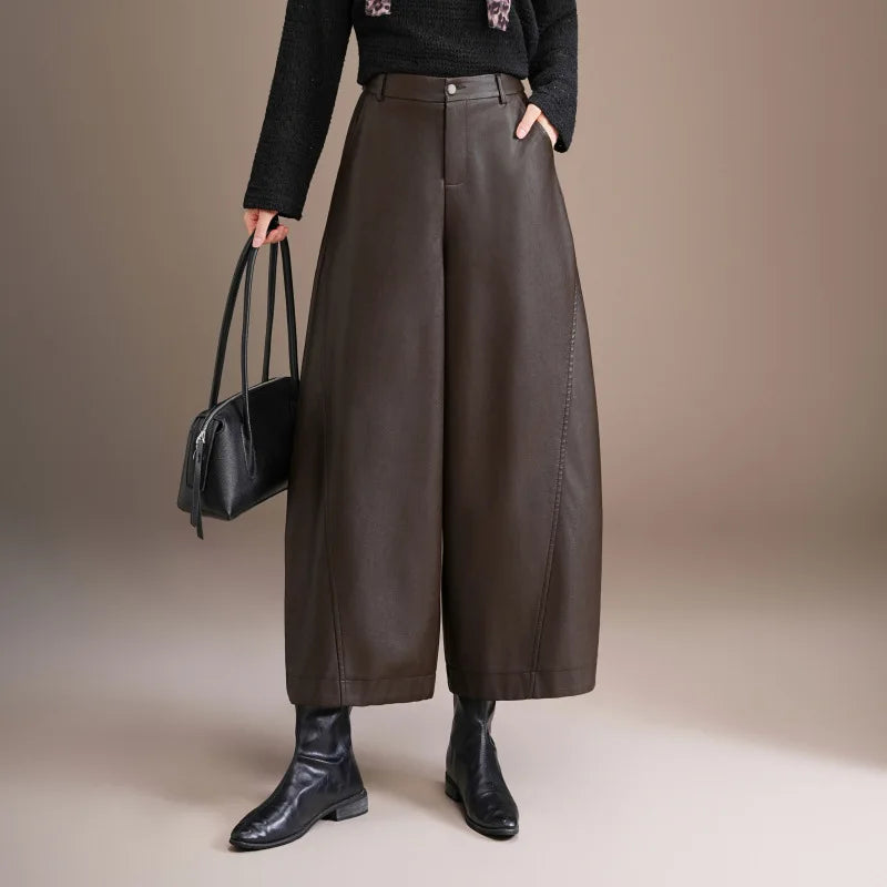 Fashionable High Waist Sheepskin Leather Pants Women's 2026 New Style Nine Points Knife Edge Pants Versatile Ladies Design