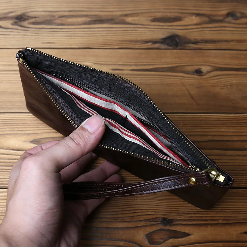 NZPJ Vintage Genuine Leather Long Wallet Top-Grain Cowhide Men's Clutch Women's Large Capacity Phone Bag