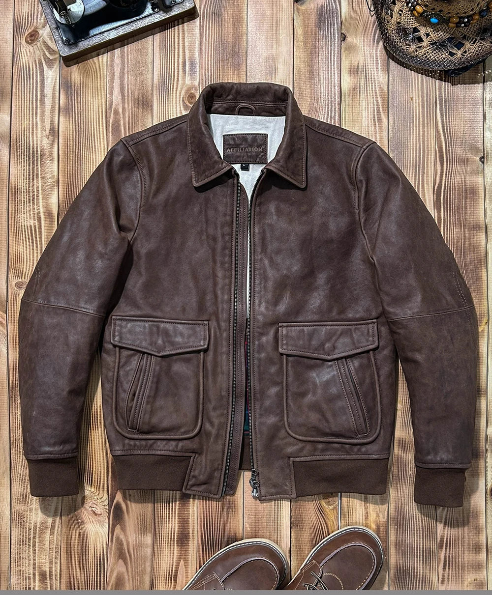 Dark Brown Winter Leather Jacket Men Vintage Style Plus Size 5XL Genuine Natural Cowhide Turn-Down Collar Retro A2 Flight Coat