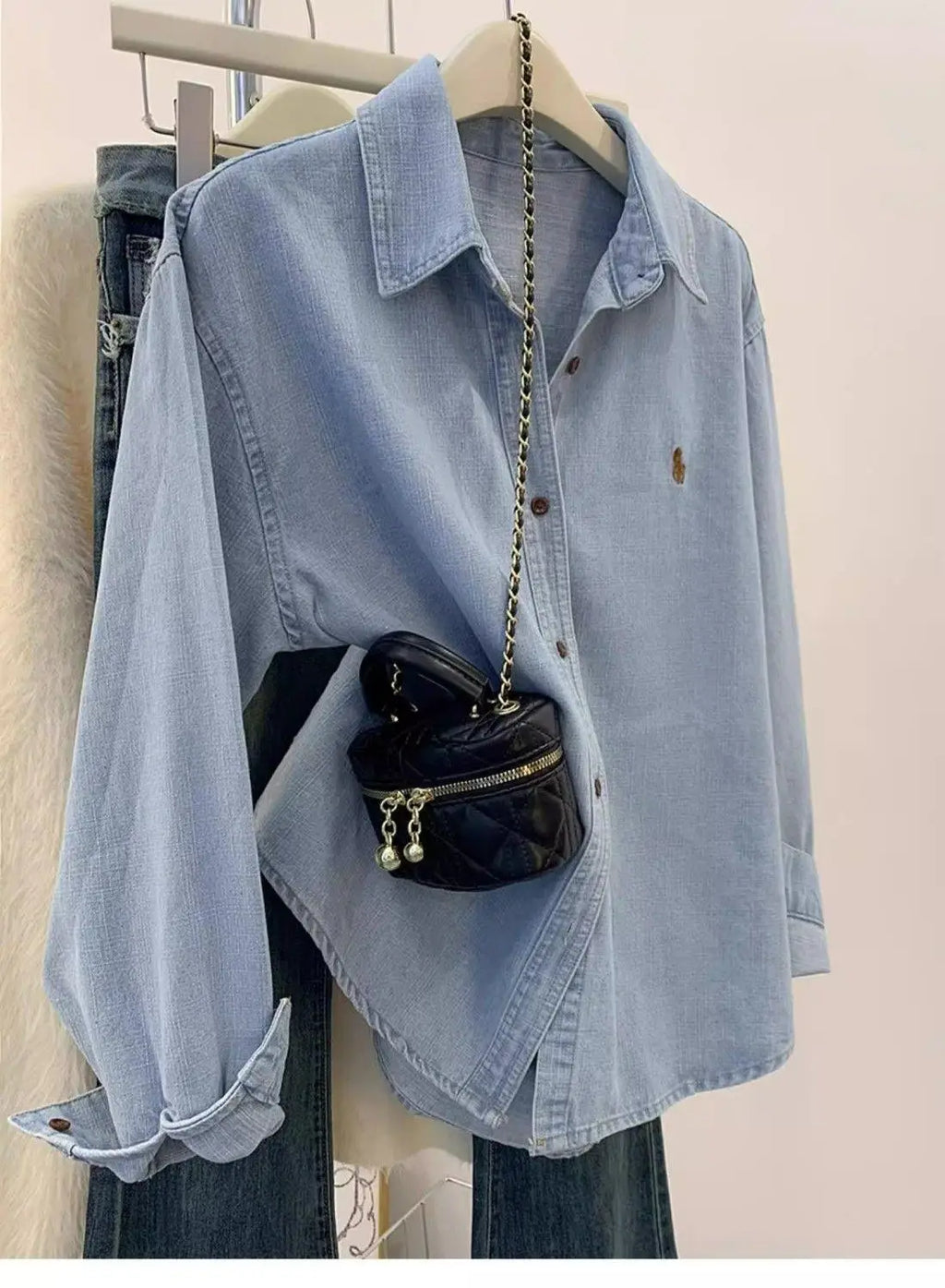 Retro Blue Shirt Women Early Spring Autumn Casual Long Sleeve Shoulder Bared Inner Wear Loose Outerwear Shirt Jacket