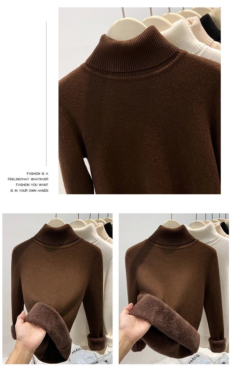 Thickened High Collar One-Piece Fleece Knitted Sweater Women Winter Slim Fit Inner Wear Fashionable Basic Style Base Shirt