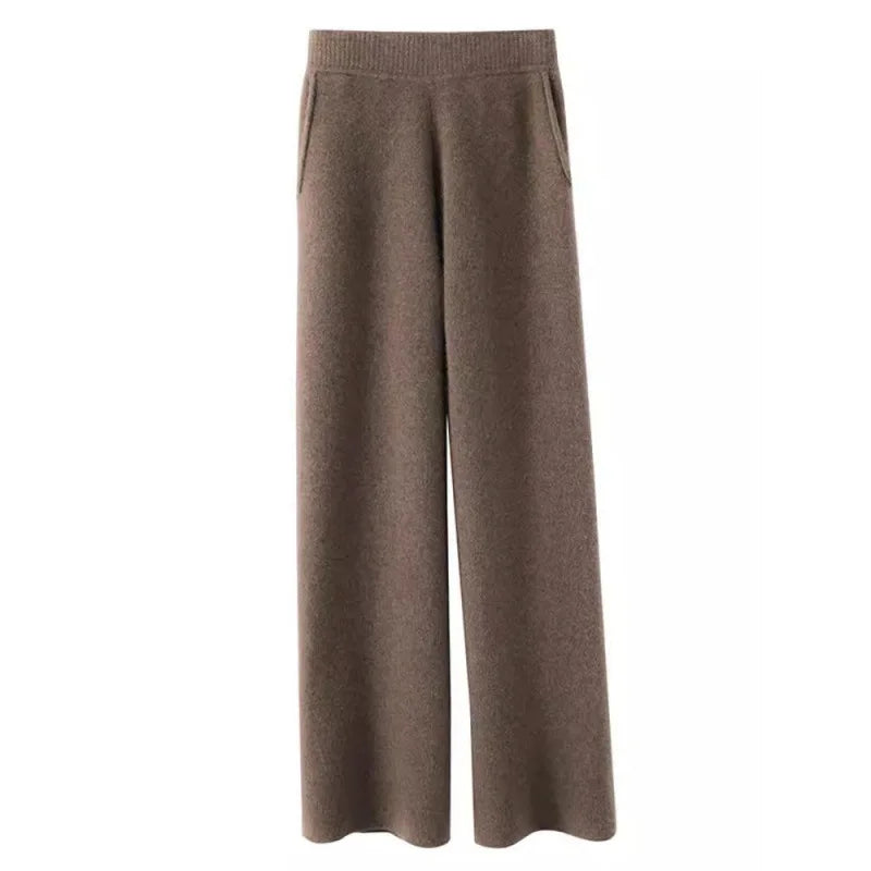 Loose Knitted Cashmere Wide Leg Pants Women's Autumn Winter Woolen Straight Cut Trousers Floor Length Pocket Design Elegant