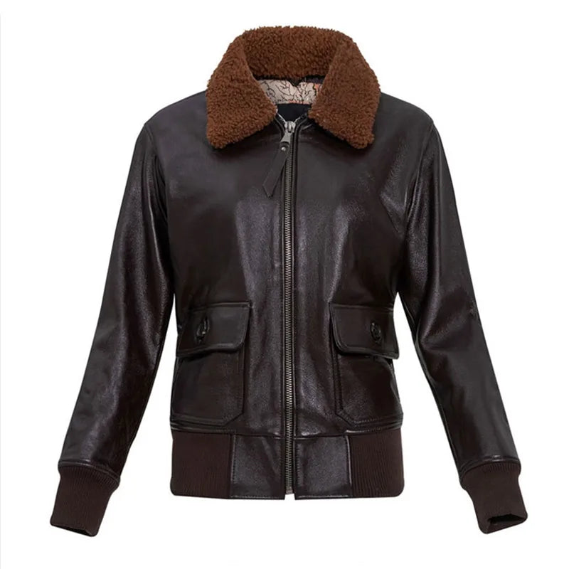 Dark Brown Autumn Leather Jacket Women Retro Style Plus Size 3XL Genuine Natural Cowhide Wool Collar Military G1 Flight Coat
