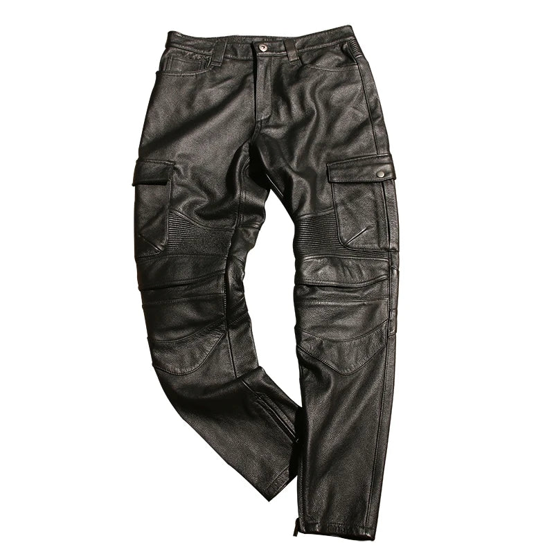 Retro Black Winter Leather Trousers Men Vintage Style Genuine Natural Cowhide Can Add Motorcycle Protection Device Leather Pants