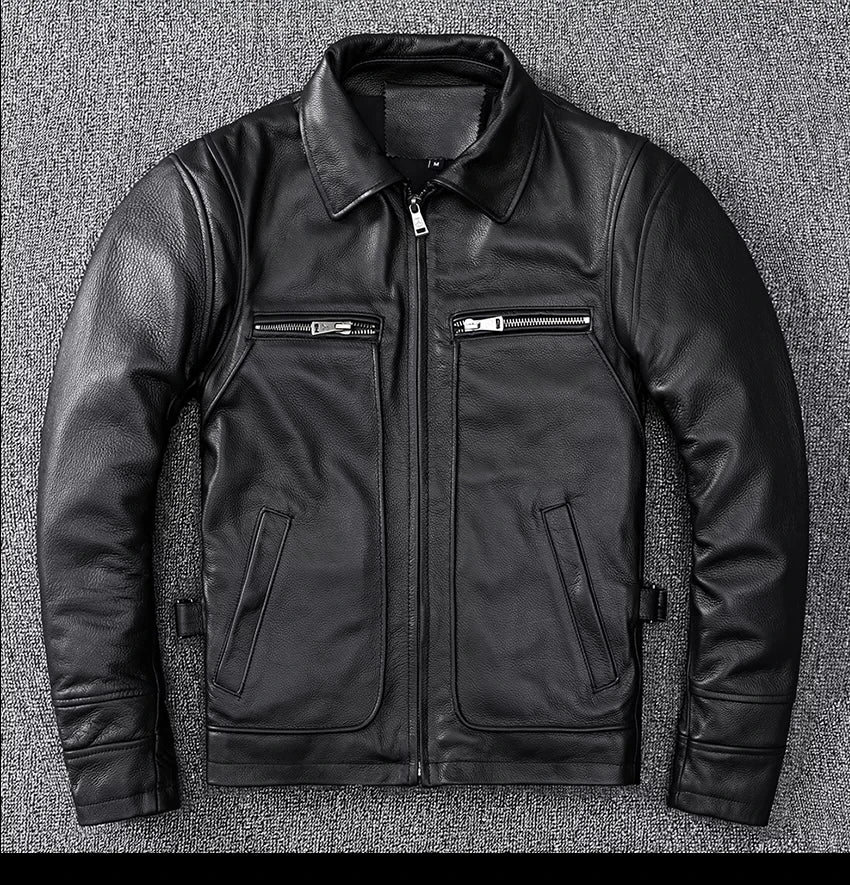 Black Autumn Leather Jacket Men Retro Style Plus Size 8XL Genuine Natural Cowhide Turn-Down Collar Smart Casual Coat