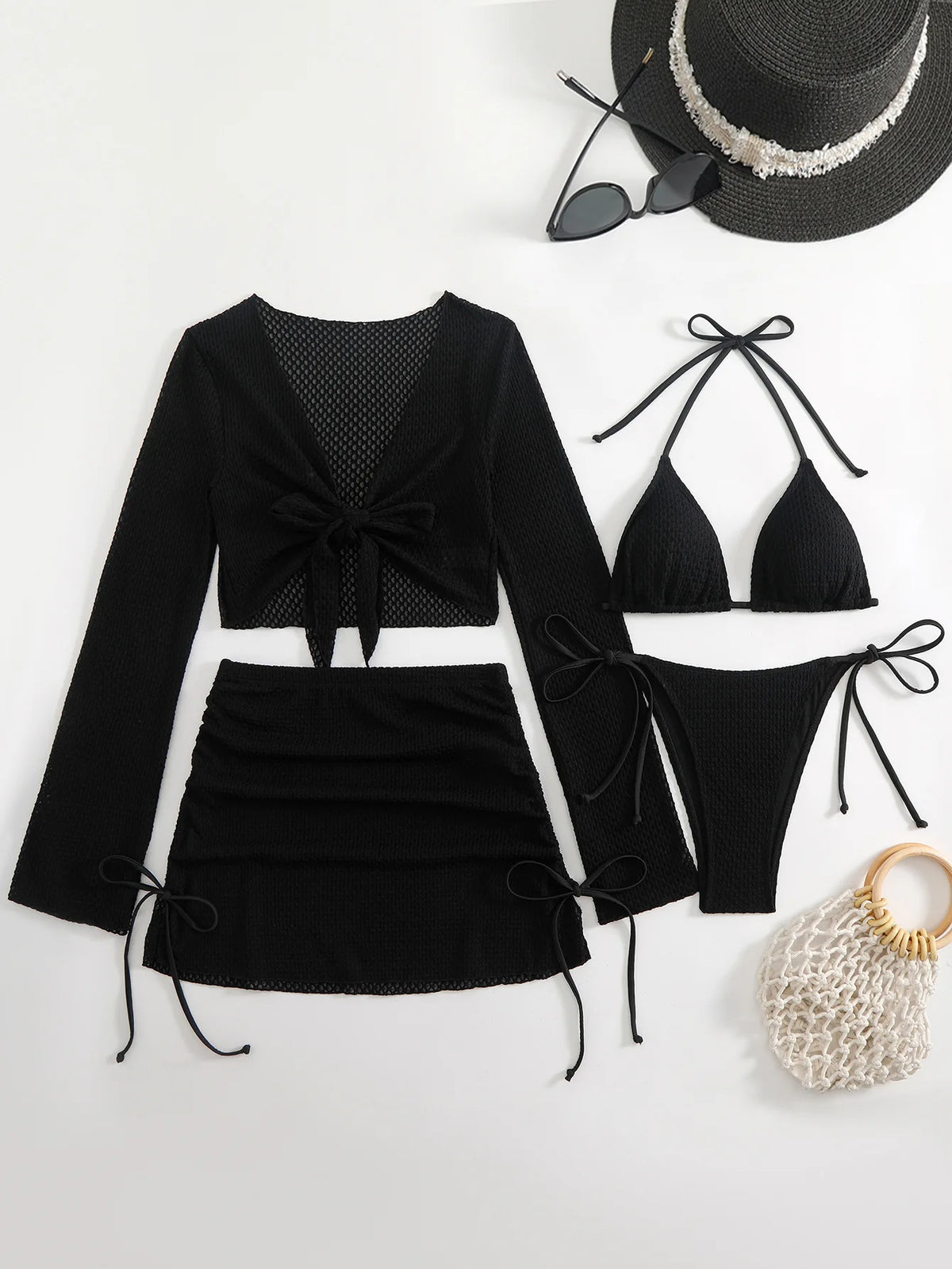 Sexy Solid Color Bikini Set Strap Crossbody Swimwear Polyester Fabric Backless Design for Swimming And Water Sports